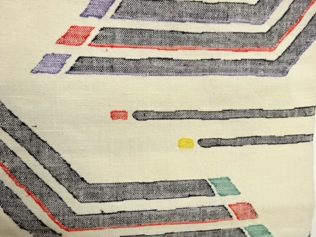  手織り紬幾何学模様織出し名古屋帯